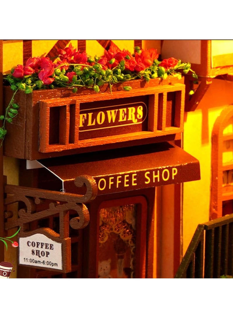 DIY Book Corner Kit, 3D Wooden Puzzle Book Corner, Decorative Bookends, Bookshelf Insert Decorative Alley with Furniture and LED Lights for Birthday Home Desk Decoration (Leisure Years) - Image 5